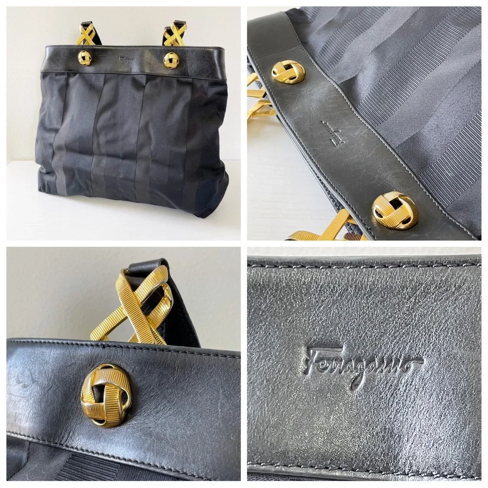 Salvatore Ferragamo black striped canvas and leather vintage shoulder bag - Picture 2 of 11